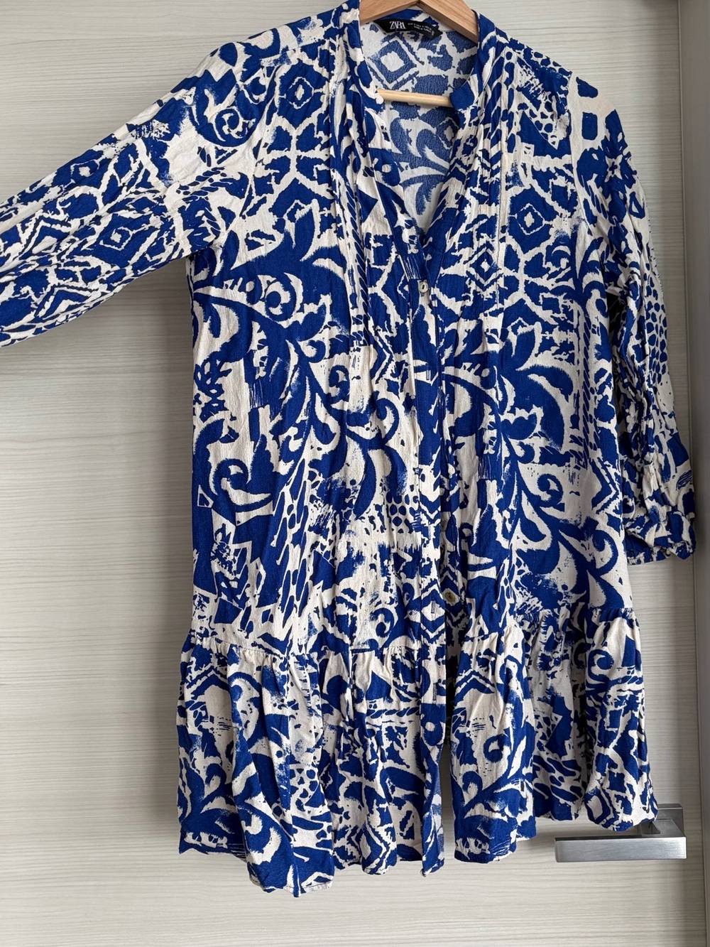 Zara Blue and White Long Sleeve Printed Tiered Dress
